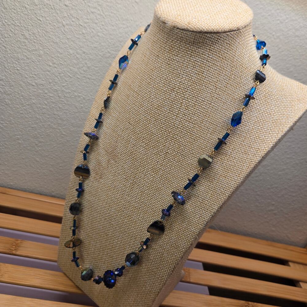 Vintage Czech Blue Aurora Borealis Glass Beaded Long Statement Necklace AB